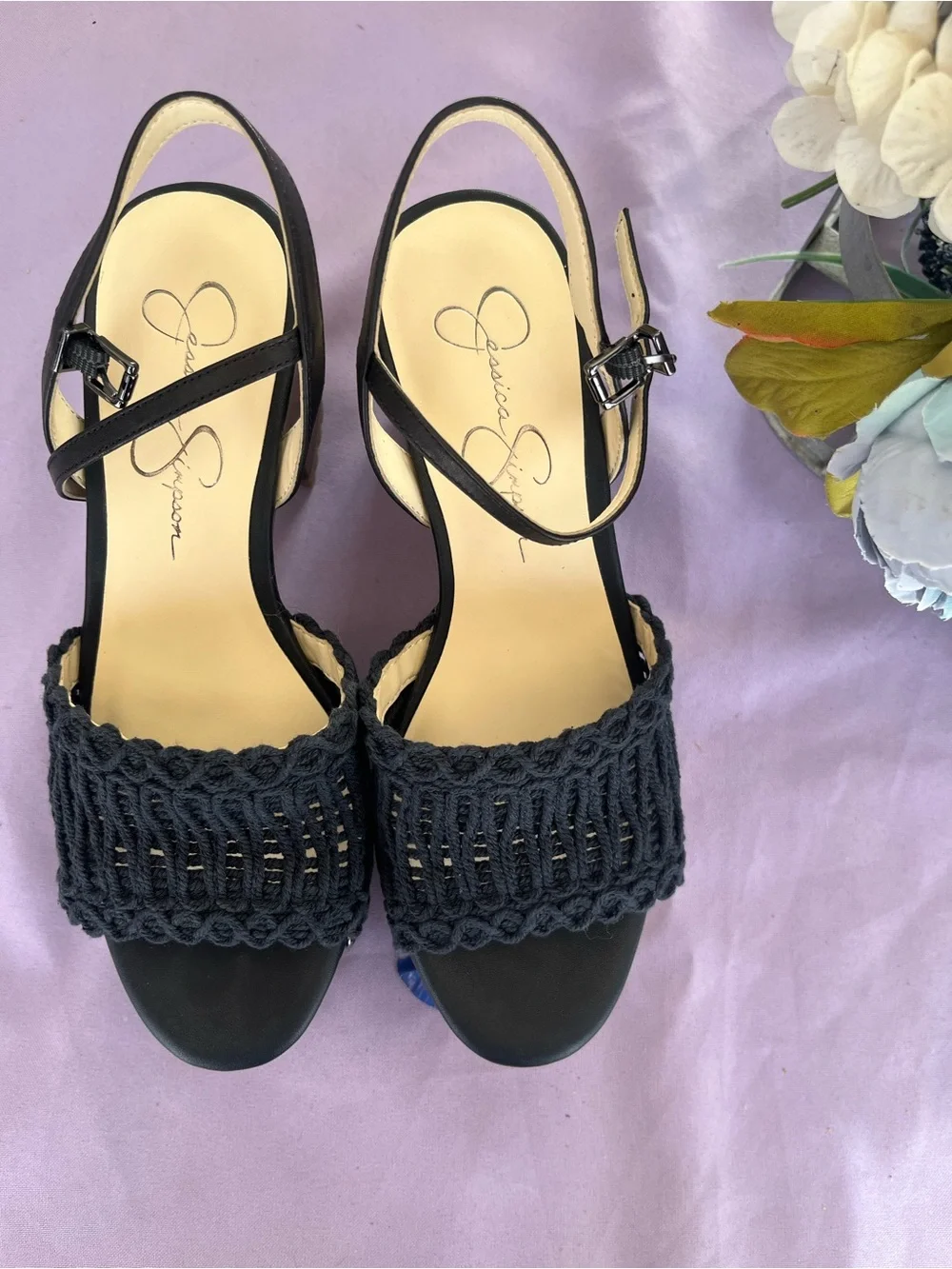 Jessica Simpson Black Crochet Platform Sandals with Wood-Look Block Heel